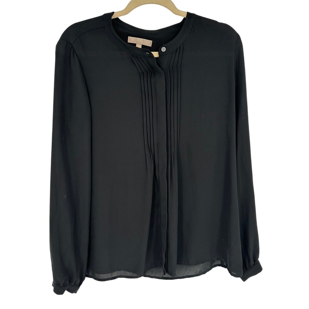 Banana Republic Blouse Women M Black Sheer Pleated Hidden Button Work Career Top